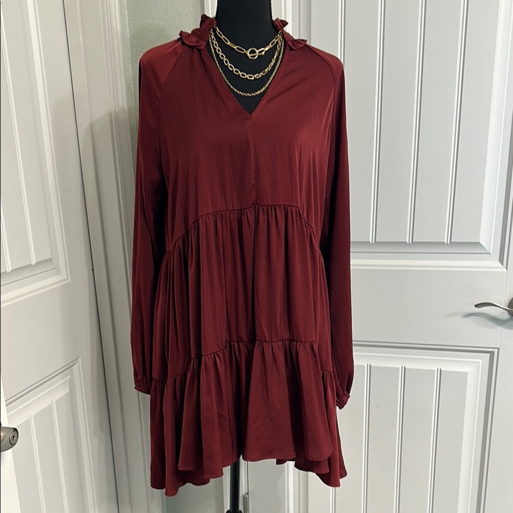 Wine Red Tiered Long Sleeve Tunic Dress